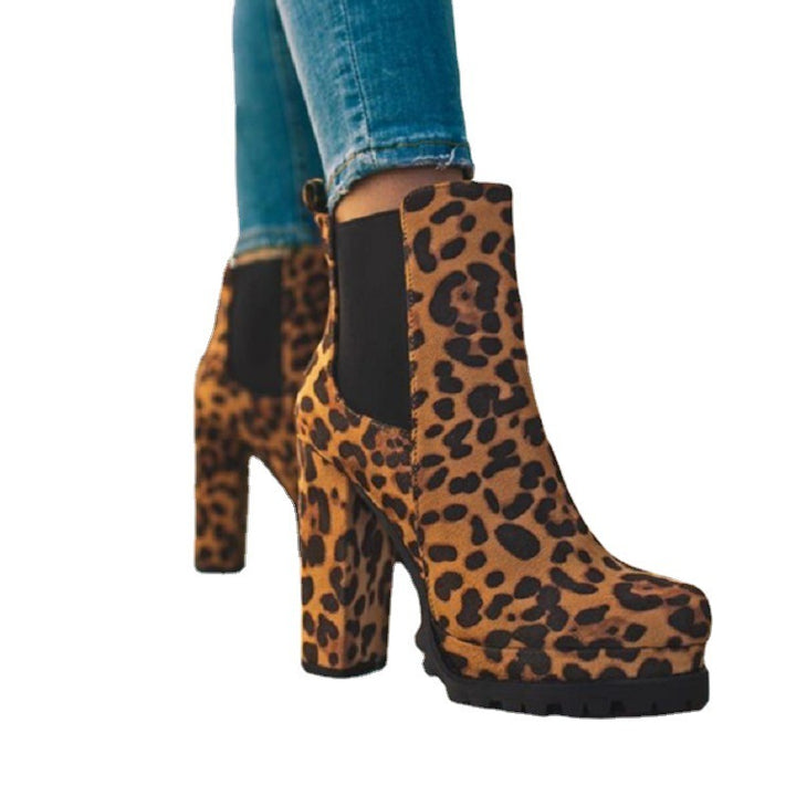 Round-toe Ankle Boots Solid Leopard Print Thick Square High Heel Shoes Ladies Casual Fashion Autumn Winter Suede Dress Party Boots-4-Zishirts