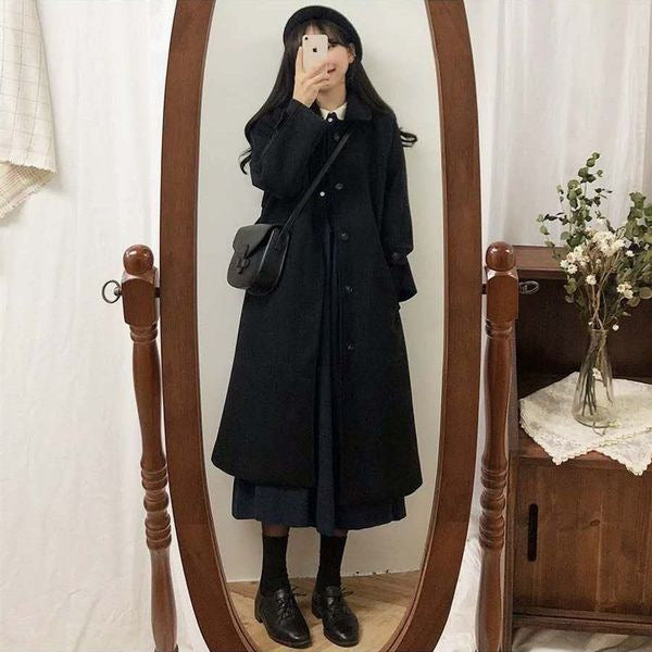 Korean Style High-grade Thickened Black Woolen Coat-Women's Outerwear 2023-Zishirts