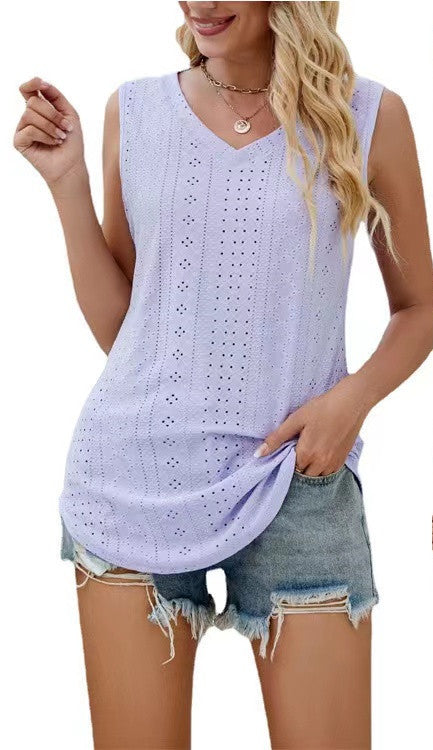 V-neck Vest Hole Hollow-out Sleeveless Top-Blouses & Shirts-Zishirts