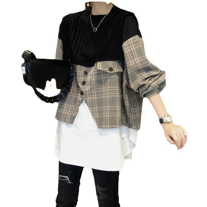 New Loose Shirt Splicing Knitwear Women Fake Two Pieces Western Style Shirt-Sweaters-Zishirts