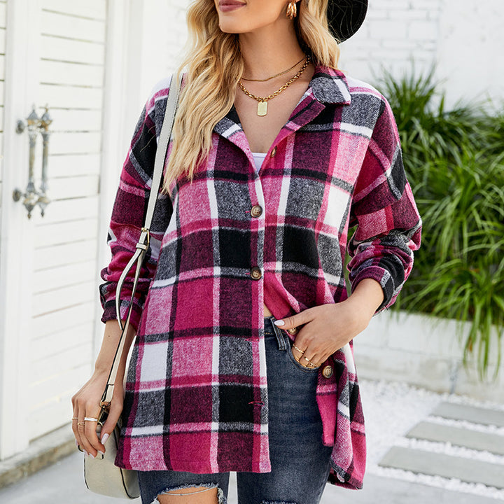 Women's Long-sleeved Plaid Shirt Mid-length Woolen Coat-Blouses & Shirts-Zishirts