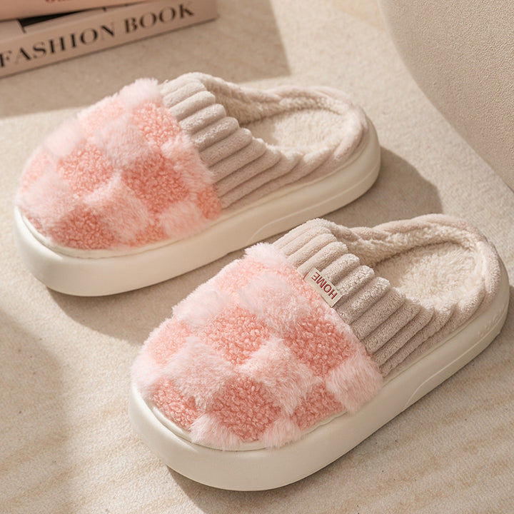 Plaid Plush Slippers Women's Indoor Plush Home Slippers Soft Sole Thick Non-Slip Warm House Shoes Couple Autumn And Winter-Womens Footwear-Zishirts