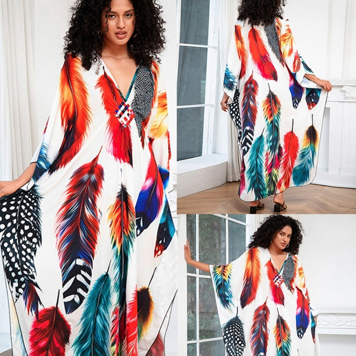 Print Holiday Loose Plus Size Robe Beach Cover-up Dress-Womens 2024 March-Zishirts