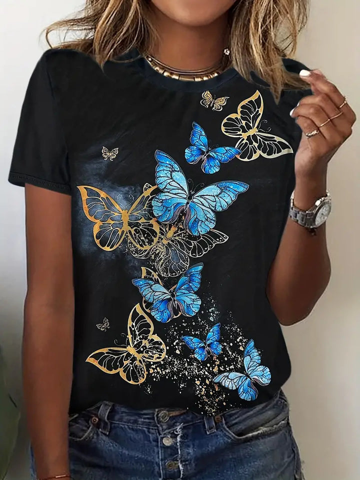 European And American Ladies Tie-dye T-shirt Butterfly Print Garden Collar-Womens 2024 March-Zishirts