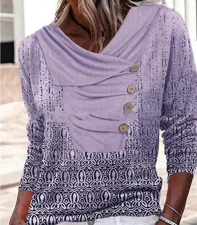 Women's Long-sleeved Lapel Button Loose Print T-shirt Sweater-Womens 2024 March-Zishirts