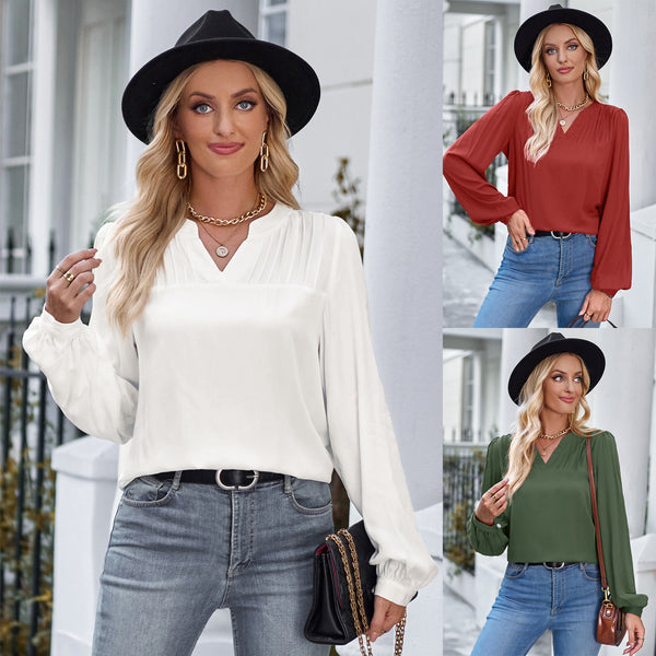 European And American Leisure V-neck Slim-fit Solid Color Trendy Long-sleeve Shirt-Blouses & Shirts-Zishirts