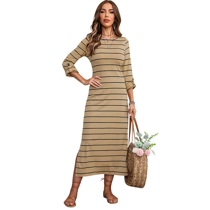 Long Sleeve Striped Printed All-matching Casual Style Pullover Dress-Lady Dresses-Zishirts