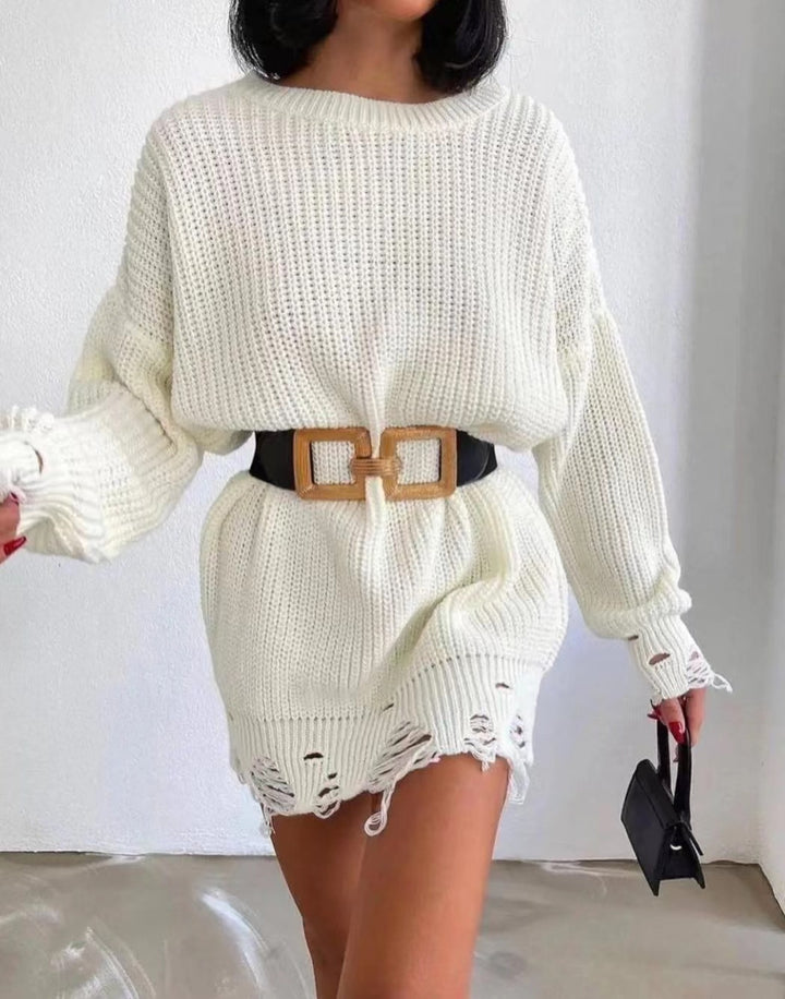 Solid Color Round Neck Long Sleeve Burrs Loose Knitted Pullover-Women's Outerwear 2023-Zishirts