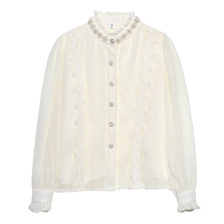 Niche Pearl Stringy Selvedge Stand-up Collar Lace Pleated Long Sleeve Shirt-Women's Outerwear 2023-Zishirts