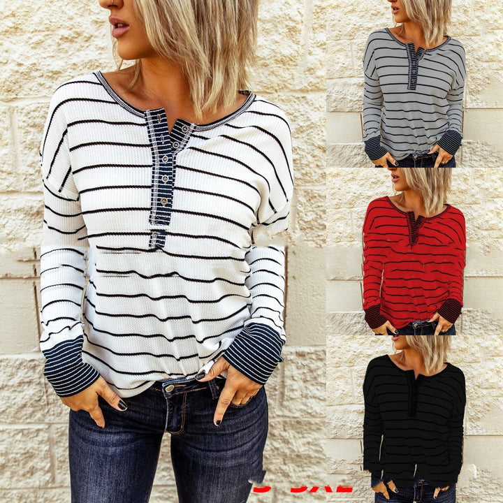 Fashion Knitted Striped Button Long-sleeved Women-Sweaters-Zishirts