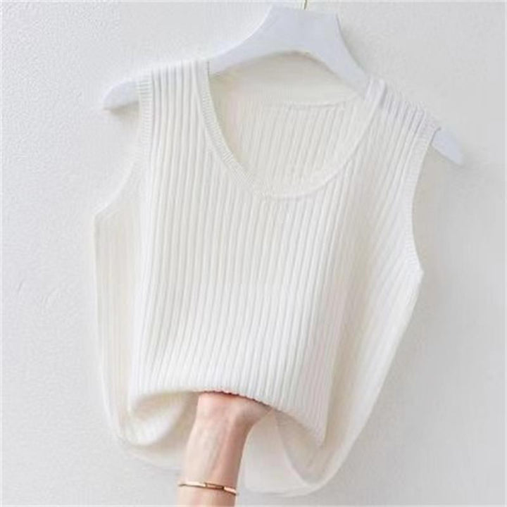 Women's Summer Ice Silk Round Neck Camisole Vest Knitted Bottoming Shirt-Blouses & Shirts-Zishirts