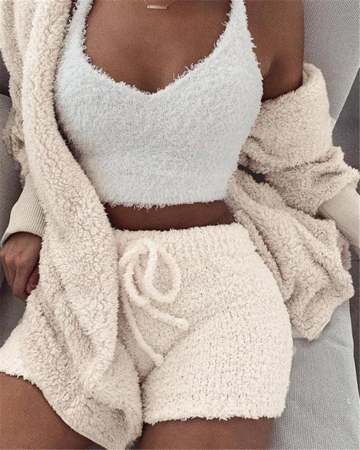 3pcs Womens Clothing Long Sleeve Crop Tank Top And Drawstring Shorts Pajama Set-Womens 2024 March-Zishirts