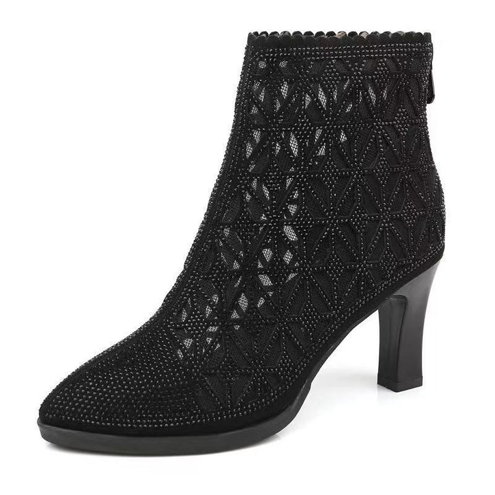 High Heel Mesh Boots Hollow-out Single Boots Pointed Toe Rhinestone Mesh-Womens Footwear-Zishirts
