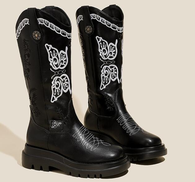 All-match Butterfly Embroidery Cowboy Boot-Womens Footwear-Zishirts