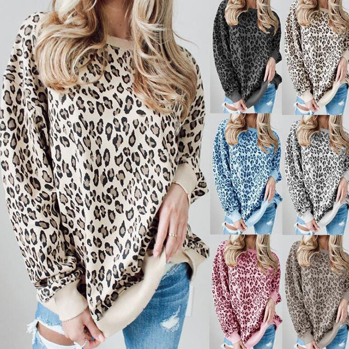 Women's Printed Pullover Loose Leopard Print Round Neck Long Sleeve T-shirt-Blouses & Shirts-Zishirts