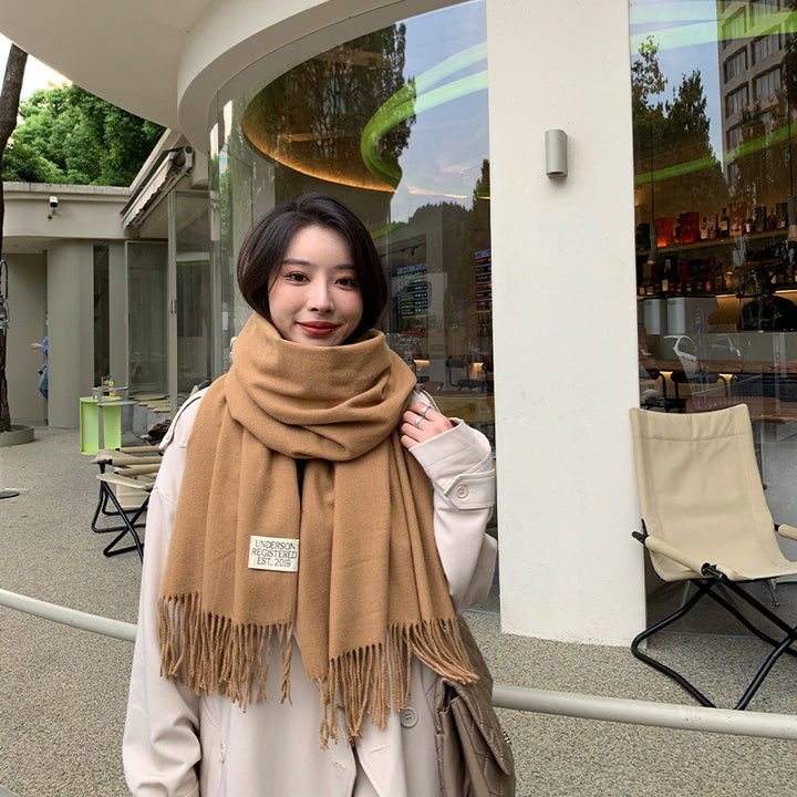 250g Solid Color Artificial Cashmere Scarf Thickened Warm Tassel Monochrome Shawl-Scarves & Wraps-Zishirts