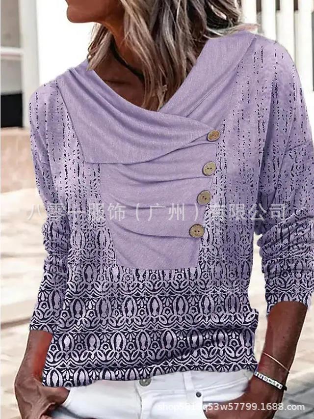 Women's Long-sleeved Lapel Button Loose Print T-shirt Sweater-Womens 2024 March-Zishirts