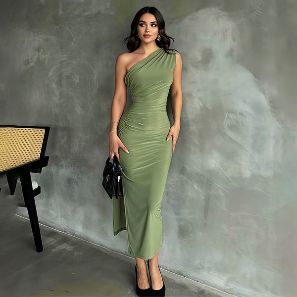 One-shoulder Sleeveless Pleated Slit Dress-Lady Dresses-Zishirts