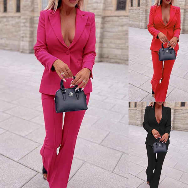 Women's Business Wear Jacket Solid Color Casual Pants Two-piece Set-Suits & Sets-Zishirts