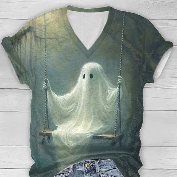 Halloween Pattern Printed Short-sleeved V-neck T-shirt Women's Top-Blouses & Shirts-Zishirts