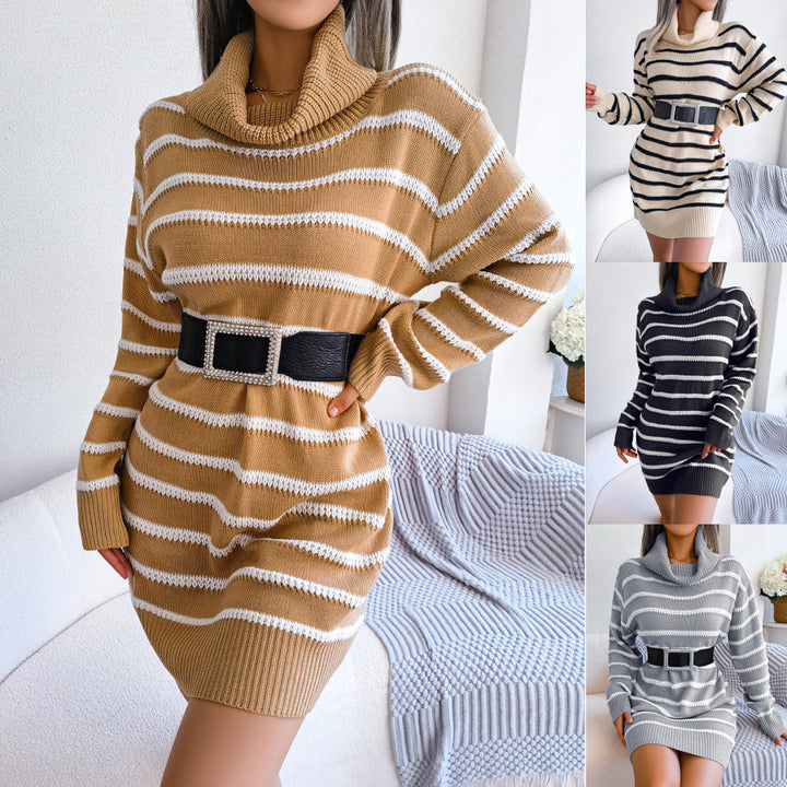 Casual Turtleneck Striped Dress Long Sleeve Base Sweater Dress-Lady Dresses-Zishirts