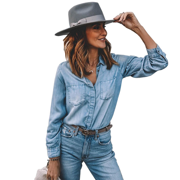 Lapel Denim Shirt Washed Retro Slim Top-Blouses & Shirts-Zishirts