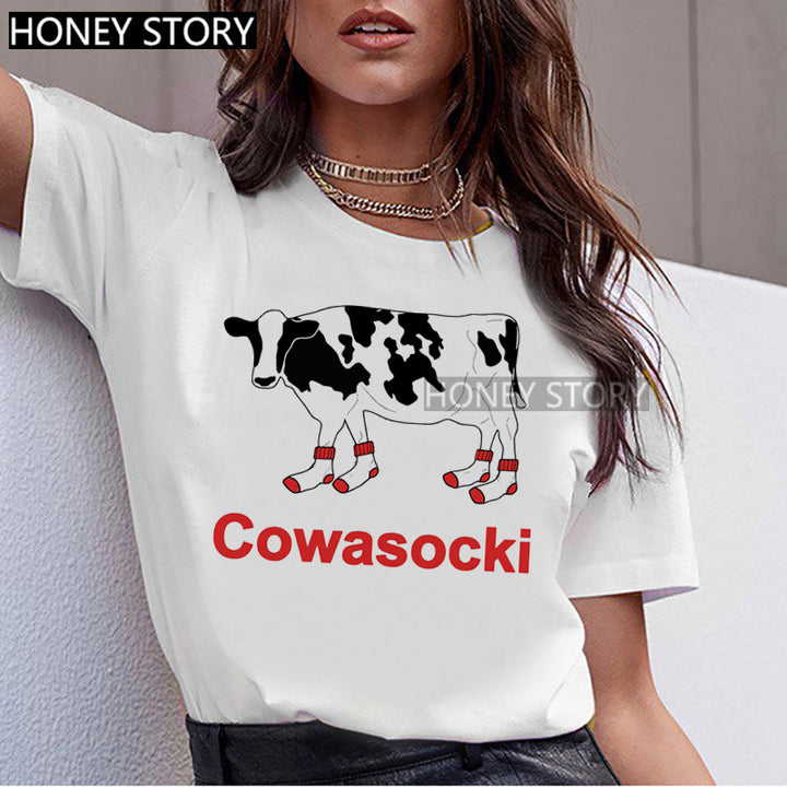 T-shirt Animal Cute Pattern Round Neck White Short-sleeve Top-Women's Outerwear 2023-Zishirts