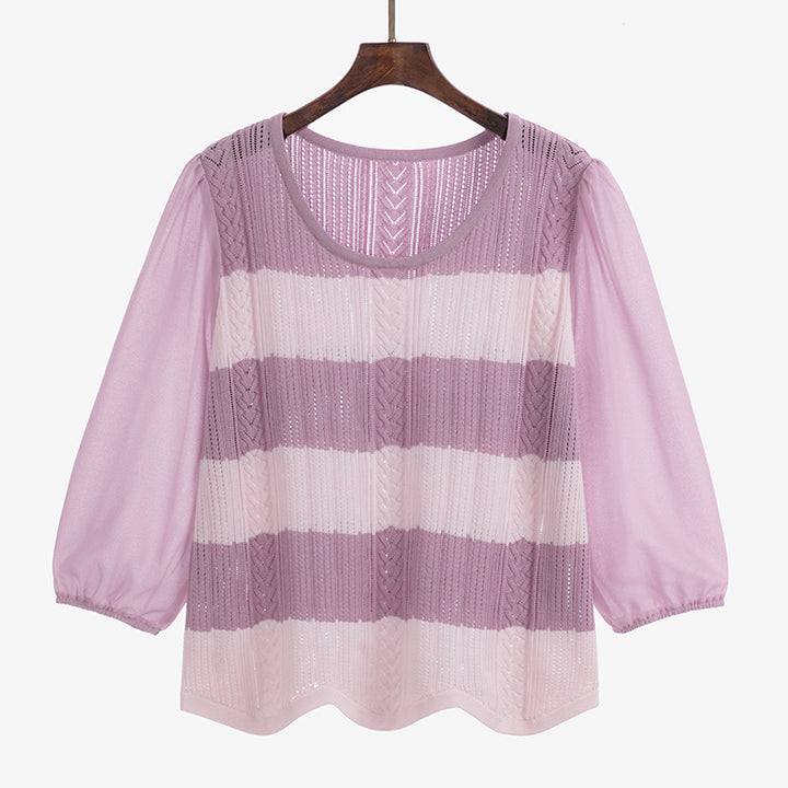 Round Neck Sweet Stitching Long Sleeve Loose Striped Sweater-Sweaters-Zishirts