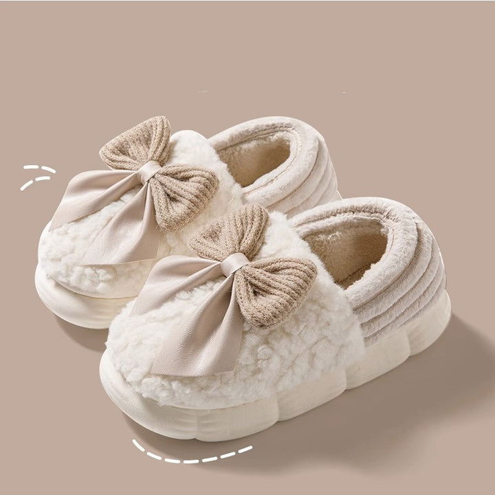 Big Bow-knot Fluffy Slippers Winter Warm Covered Heel Cotton Shoes Fashion Thick-soled Platform Slippers Indoor And Outdoor Garden Walking Shoes-Womens Footwear-Zishirts