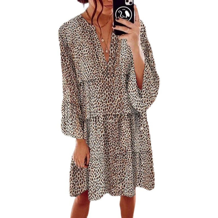 Women's Clothing Leopard Print V-neck Plus Size Loose Long Sleeve Dress-Womens 2024 March-Zishirts