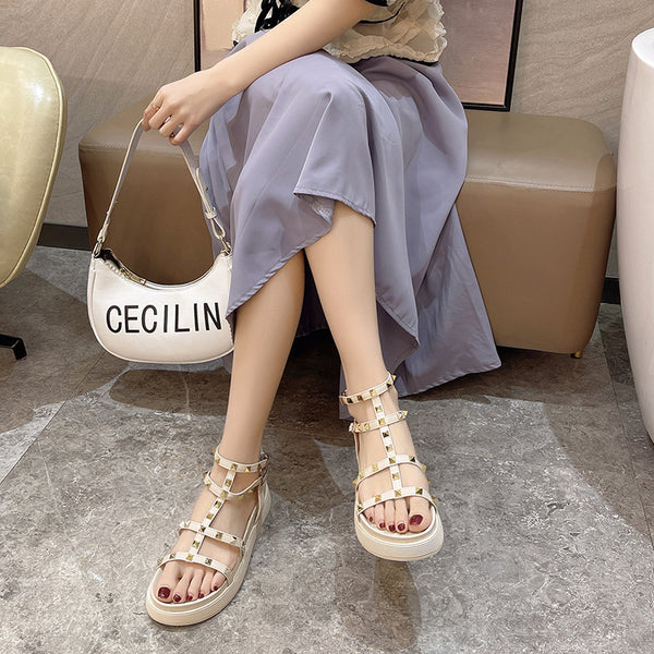 Fairy Style Roman Sandals For Women Round Toe Flats Rivet Platform Sandals For Women-Womens Footwear-Zishirts