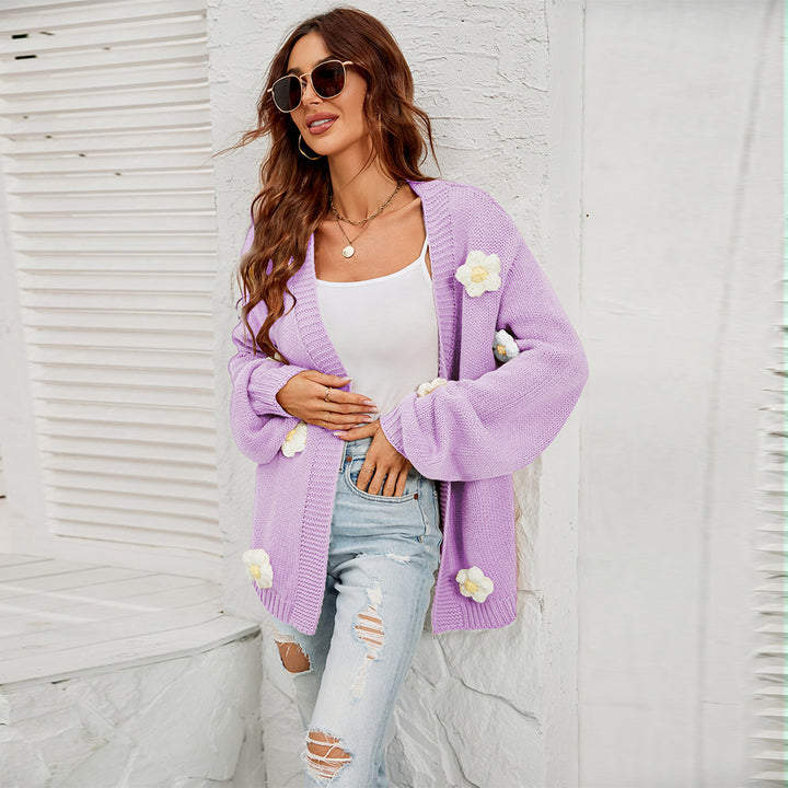 Women's Fashion Casual Flower Cardigan Lantern Sleeve Sweater Coat-Sweaters-Zishirts