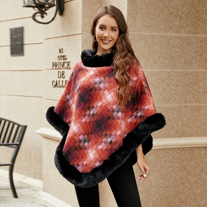 Cape Colored Plaid Thermal Knitting Shawl Women's Coat-Scarves & Wraps-Zishirts