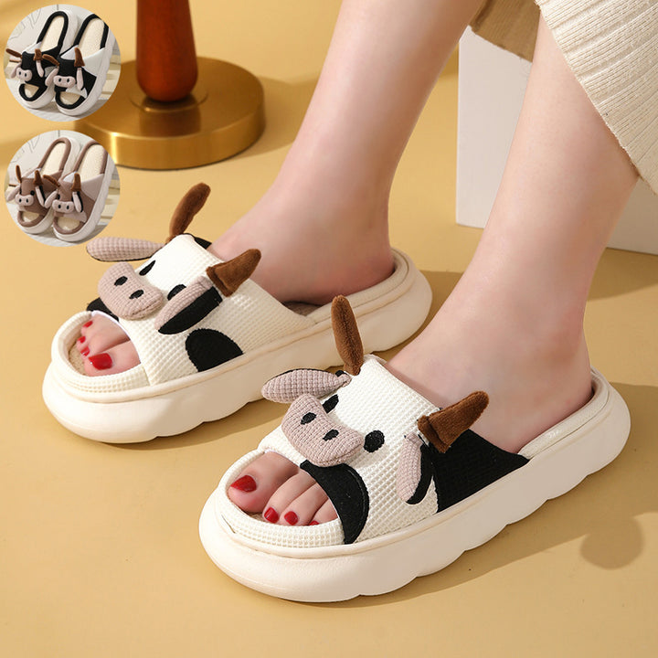 Cute Cartoon Cow Frog Slippers Linen Non-slip Shoes Indoor Garden Home Slippers-Womens Footwear-Zishirts