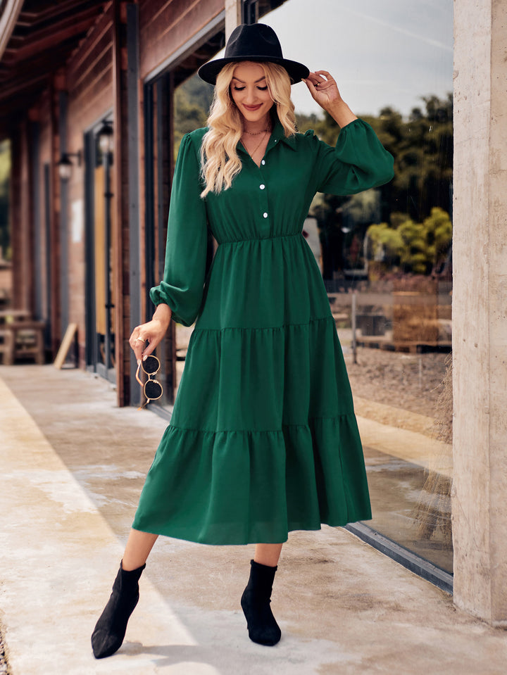 Solid Color Casual Shirt Collar Waist-controlled Long Sleeves Dress-Lady Dresses-Zishirts