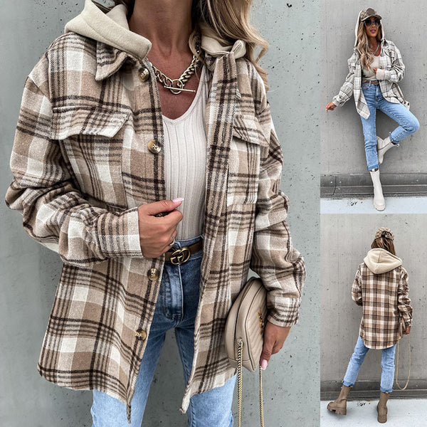 Ins Women's Woolen Jacket Winter Fashion Plaid Hooded Coat With Detachable Cap And Pockets Design Shirt Outerwear-Jackets-Zishirts