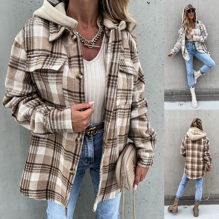 Ins Women's Woolen Jacket Winter Fashion Plaid Hooded Coat With Detachable Cap And Pockets Design Shirt Outerwear-Jackets-Zishirts