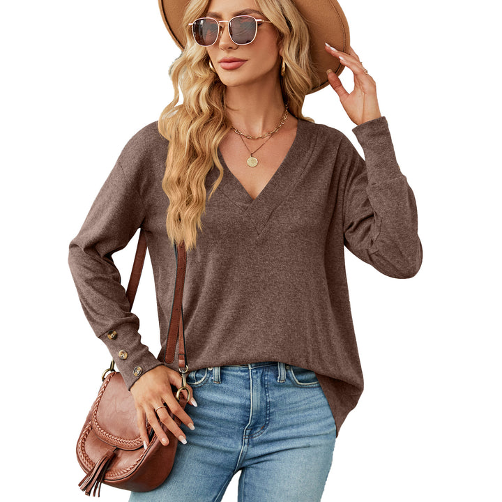 Solid Color And V-neck Loose Long Sleeve Button T-shirt Top-Blouses & Shirts-Zishirts