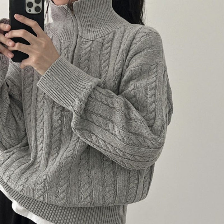 Knitted Blouse Women's Retro Fried Dough Twists Half Zip-Sweaters-Zishirts