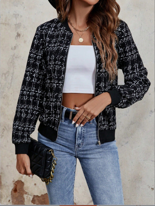 Fashion Plaid Zipper Short Jacket Autumn And Winter Casual Long Sleeve Baseball Clothing Women's Outwear Tops-Jackets-Zishirts