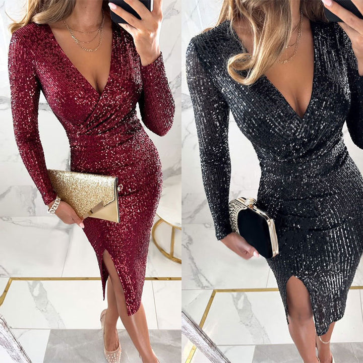 Women's Split V-neck Hip Long Sleeve Sequined Solid Color Dress-Lady Dresses-Zishirts