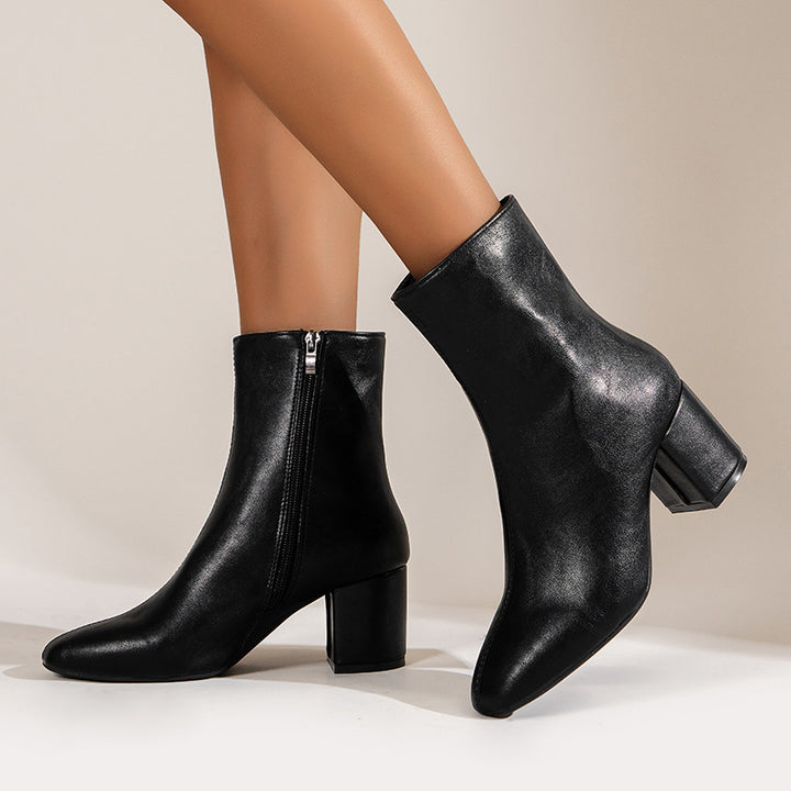 Chunky Heel Pointed Toe Boots With Side Zipper Fashion Mid-calf Boot For Women Shoes-4-Zishirts