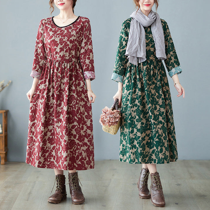 Retro Art Floral Print Cotton And Linen Dress-Lady Dresses-Zishirts