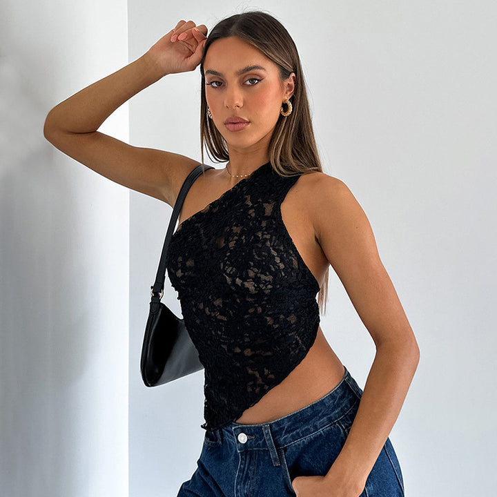 Ins Lace Backless Top Summer Solid Color Waistless Asymmetrical Sloped Neck Vest Streetwear Womens Clothes-Womens 2024 March-Zishirts