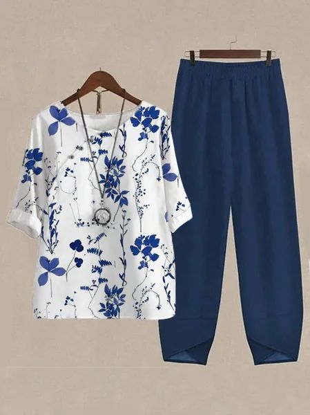 Casual Round Neck Half Sleeve Digital Printing Top Two-piece Set-Suits & Sets-Zishirts