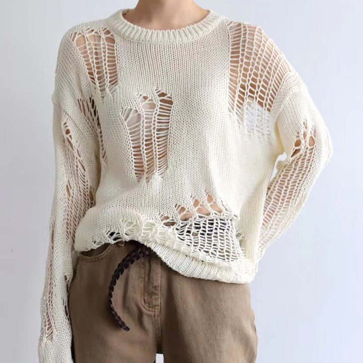 Women's Hollow-out Long-sleeved Knitted Blouse Ripped Sweater-Sweaters-Zishirts