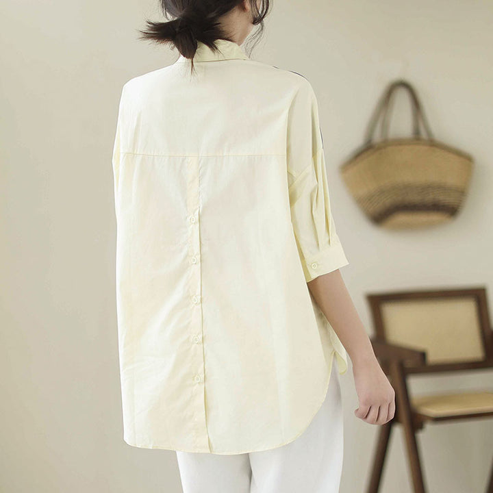 Cotton And Linen Large Size Loose Stitching Short Sleeve Shirt-Blouses & Shirts-Zishirts