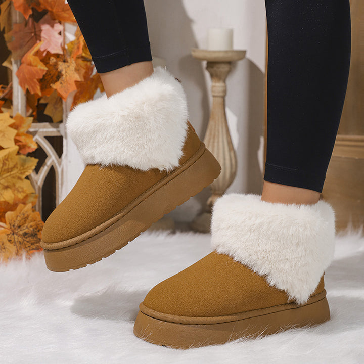 Winter Plush Snow Boots Fashion Round Toe Flat Thickened Suede Cotton Shoes For Women Casual Warm Short Boot-Womens Footwear-Zishirts