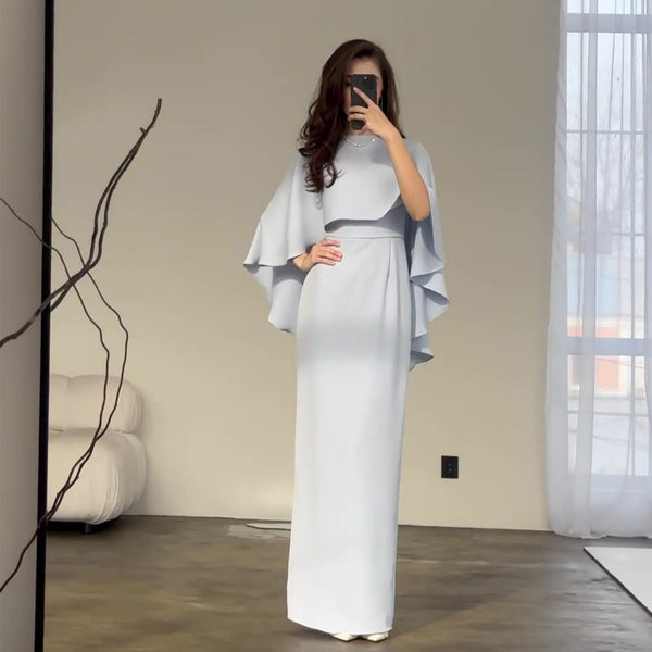 Light Blue Satin Bat Shawl Waist-controlled Long Sleeves Dress-Lady Dresses-Zishirts