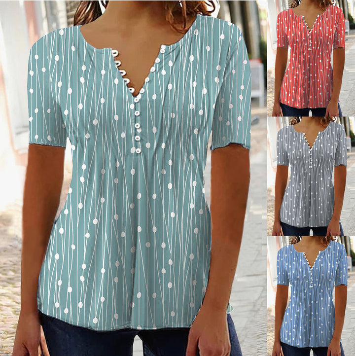 Women's Summer V-collar Polka Dot Short-sleeved Shirt-Suits & Sets-Zishirts